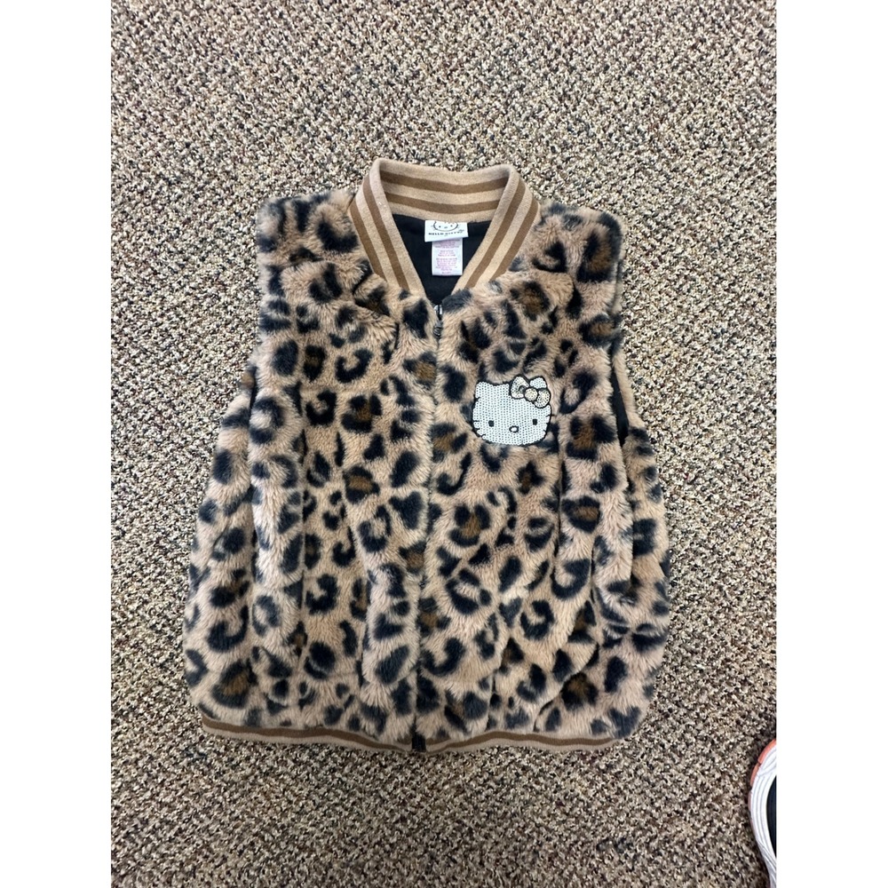 Hello Kitty Girls Faux Fur Leopard Print Vest Sequin Patch Brown Tan Size 10